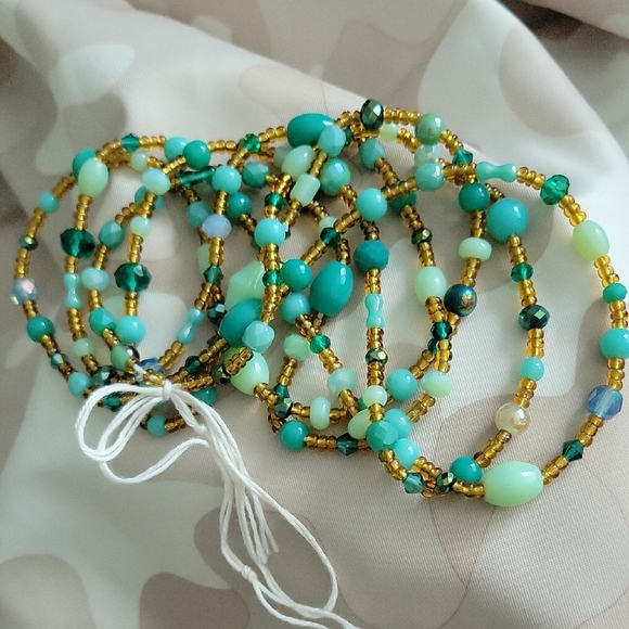 Turquoise and Gold Crystal and Seed Bead Waist Bead Strand 27" - Picture 1 of 10